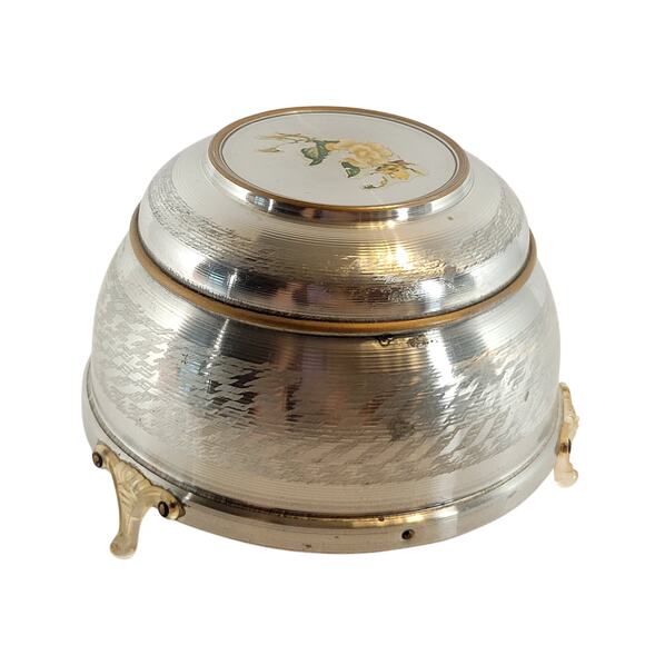 Vintage Prague Musical Powder Box Silver Tone Floral Lid 6" Plays Blue Danube - Picture 4 of 16